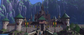 Movie still from “Frozen” (2013), directed by Jennifer Lee – A painting of a castle with a lot of people around it; Extreme Wide shot, High angle