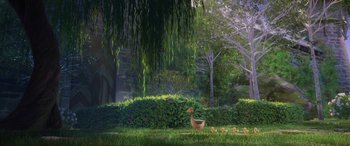 Movie still from “Frozen” (2013), directed by Jennifer Lee – A mother duck and her ducklings in the grass; Extreme Wide shot, Low angle