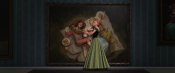 Movie still from “Frozen” (2013), directed by Jennifer Lee – A woman in a green dress standing in front of a painting; Wide shot, Overhead angle