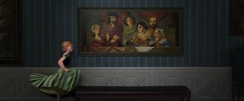 Movie still from “Frozen” (2013), directed by Jennifer Lee – A painting of a group of people sitting in front of a painting; Wide shot, Over the shoulder angle