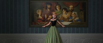 Movie still from “Frozen” (2013), directed by Jennifer Lee – A woman in a green dress standing in front of a painting; Wide shot, Low angle