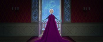 Movie still from “Frozen” (2013), directed by Jennifer Lee – A woman in a purple dress standing in front of a window; Wide shot, Low angle