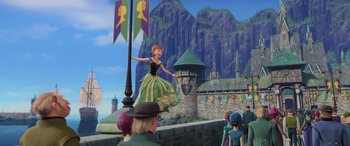 Movie still from “Frozen” (2013), directed by Jennifer Lee – A scene of a cartoon with a woman in a green dress; Extreme Wide shot, Over the shoulder angle