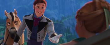 Movie still from “Frozen” (2013), directed by Jennifer Lee – A man is holding out his hand to a woman; Medium shot, Over the shoulder angle