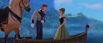 Movie still from “Frozen” (2013), directed by Jennifer Lee – A man and a woman standing next to each other on a boat; Medium shot, Over the shoulder angle