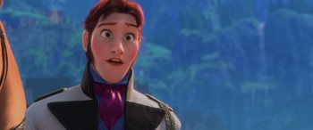 Movie still from “Frozen” (2013), directed by Jennifer Lee – A person looking surprised; Close Up shot, Over the shoulder angle