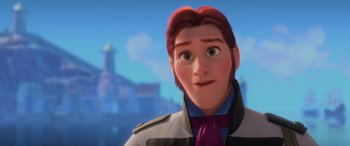 Movie still from “Frozen” (2013), directed by Jennifer Lee – A person wearing a jacket and a neck tie; Close Up shot, Over the shoulder angle