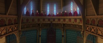 Movie still from “Frozen” (2013), directed by Jennifer Lee – A group of men standing on top of a building; Extreme Wide shot, Low angle