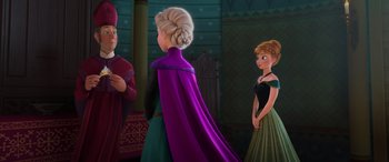 Movie still from “Frozen” (2013), directed by Jennifer Lee – Two women and a man are standing in a room; Medium shot, Over the shoulder angle