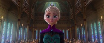 Movie still from “Frozen” (2013), directed by Jennifer Lee – A person wearing a dress; Close Up shot, Low angle