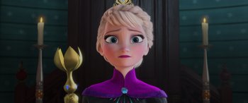 Movie still from “Frozen” (2013), directed by Jennifer Lee – The face of a cartoon character; Close Up shot, Over the shoulder angle