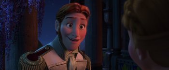 Movie still from “Frozen” (2013), directed by Jennifer Lee – A cartoon character smiling; Close Up shot, Over the shoulder angle