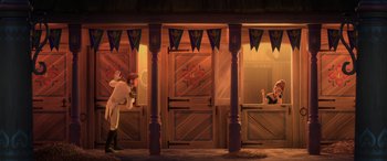 Movie still from “Frozen” (2013), directed by Jennifer Lee – A couple of people standing in front of a wooden building; Wide shot, Over the shoulder angle