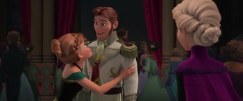 Movie still from “Frozen” (2013), directed by Jennifer Lee – A man and a woman are standing in front of each other; Medium shot, Over the shoulder angle