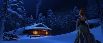 Movie still from “Frozen” (2013), directed by Jennifer Lee – A log cabin in the middle of a snowy forest at night; Extreme Wide shot, High angle