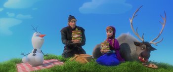 Movie still from “Frozen” (2013), directed by Jennifer Lee – A couple of people that are sitting in the grass; Medium shot, Over the shoulder angle