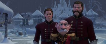 Movie still from “Frozen” (2013), directed by Jennifer Lee – A group of men standing next to each other in front of a castle; Medium shot, Low angle
