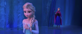 Movie still from “Frozen” (2013), directed by Jennifer Lee – A scene from the animated movie frozen with elsa; Medium shot, Over the shoulder angle