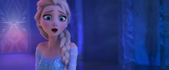 Movie still from “Frozen” (2013), directed by Jennifer Lee – A cartoon character with a surprised look on her face; Close Up shot, Over the shoulder angle