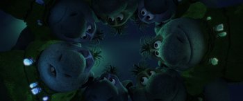 Movie still from “Frozen” (2013), directed by Jennifer Lee – A group of cartoon characters looking up at the sky; Wide shot, Overhead angle