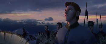 Movie still from “Frozen” (2013), directed by Jennifer Lee – A group of people riding horses in a field; Medium shot, Low angle