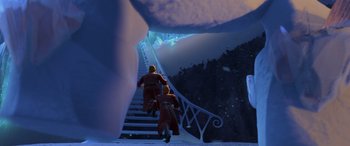 Movie still from “Frozen” (2013), directed by Jennifer Lee – Two people are climbing up the stairs to the top of a snowy hill; Extreme Wide shot, High angle