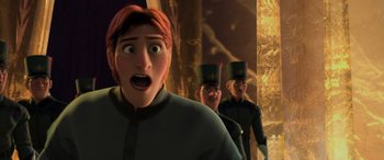 Movie still from “Frozen” (2013), directed by Jennifer Lee – A group of people standing next to each other in a room; Medium shot, Low angle