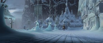 Movie still from “Frozen” (2013), directed by Jennifer Lee – An image of an animated scene in a snowy forest; Extreme Wide shot, High angle