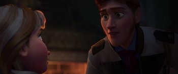 Movie still from “Frozen” (2013), directed by Jennifer Lee – A person looking at the camera; Close Up shot, Over the shoulder angle