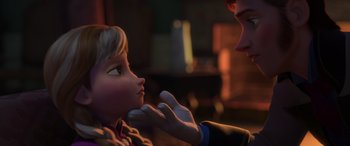 Movie still from “Frozen” (2013), directed by Jennifer Lee – A young girl looking at an older man's face; Close Up shot, Over the shoulder angle