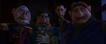 Movie still from “Frozen” (2013), directed by Jennifer Lee – A group of men standing next to each other; Medium shot, Over the shoulder angle