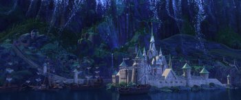 Movie still from “Frozen” (2013), directed by Jennifer Lee – A boat in the middle of the water; Extreme Wide shot, High angle