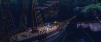 Movie still from “Frozen” (2013), directed by Jennifer Lee – A couple of people on top of a boat in the water; Extreme Wide shot, High angle
