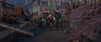 Movie still from “Frozen” (2013), directed by Jennifer Lee – A group of men in uniform walking across a bridge; Extreme Wide shot, Over the shoulder angle