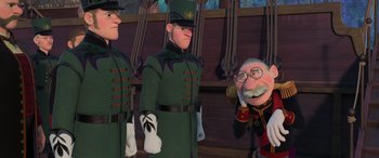 Movie still from “Frozen” (2013), directed by Jennifer Lee – A group of men standing next to each other; Medium shot, Over the shoulder angle