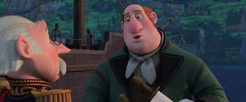 Movie still from “Frozen” (2013), directed by Jennifer Lee – A man in a green jacket holding a white paper; Medium shot, Over the shoulder angle