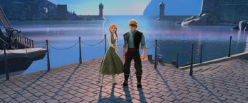 Movie still from “Frozen” (2013), directed by Jennifer Lee – A couple of people standing next to each other on a pier; Wide shot, Low angle