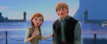Movie still from “Frozen” (2013), directed by Jennifer Lee – Anna and kristoff in a scene from the movie frozen; Medium shot, Low angle