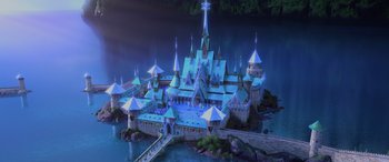 Movie still from “Frozen” (2013), directed by Jennifer Lee – An image of a castle in the middle of the night; Extreme Wide shot, High angle