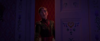 Movie still from “Frozen II” (2019), directed by Jennifer Lee – A man standing in front of a door wearing a military uniform; Medium shot, Over the shoulder angle