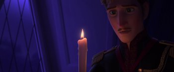 Movie still from “Frozen II” (2019), directed by Jennifer Lee – A person holding a lit candle; Close Up shot, Over the shoulder angle