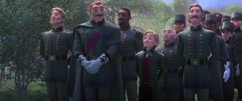 Movie still from “Frozen II” (2019), directed by Jennifer Lee – A group of men standing next to each other; Medium shot, Low angle