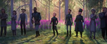 Movie still from “Frozen II” (2019), directed by Jennifer Lee – A group of people standing in the woods; Wide shot, Low angle