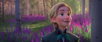 Movie still from “Frozen II” (2019), directed by Jennifer Lee – A young man standing in front of a field of purple flowers; Close Up shot, Over the shoulder angle