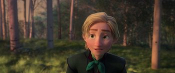 Movie still from “Frozen II” (2019), directed by Jennifer Lee – A person with a green bow tie; Close Up shot, Over the shoulder angle