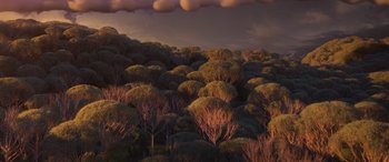 Movie still from “Frozen II” (2019), directed by Jennifer Lee – An image of trees in the middle of a forest; Extreme Wide shot, High angle