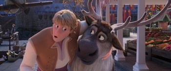 Movie still from “Frozen II” (2019), directed by Jennifer Lee – A scene from the animated movie frozen with kristoff and sven; Medium shot, Over the shoulder angle