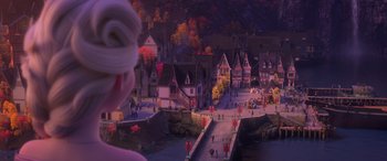 Movie still from “Frozen II” (2019), directed by Jennifer Lee – An image of an animated scene of a town; Extreme Wide shot, Over the shoulder angle