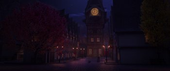 Movie still from “Frozen II” (2019), directed by Jennifer Lee – An animated clock tower in the middle of a street; Extreme Wide shot, High angle