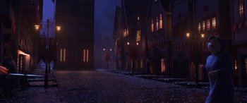 Movie still from “Frozen II” (2019), directed by Jennifer Lee – An animated city street at night lit by street lights; Extreme Wide shot, High angle